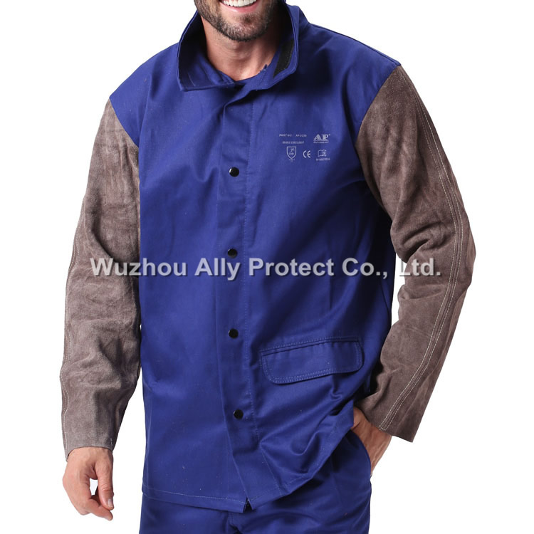 AP-2530 Blue FR & Charcoal-brown Leather Welding Jacket